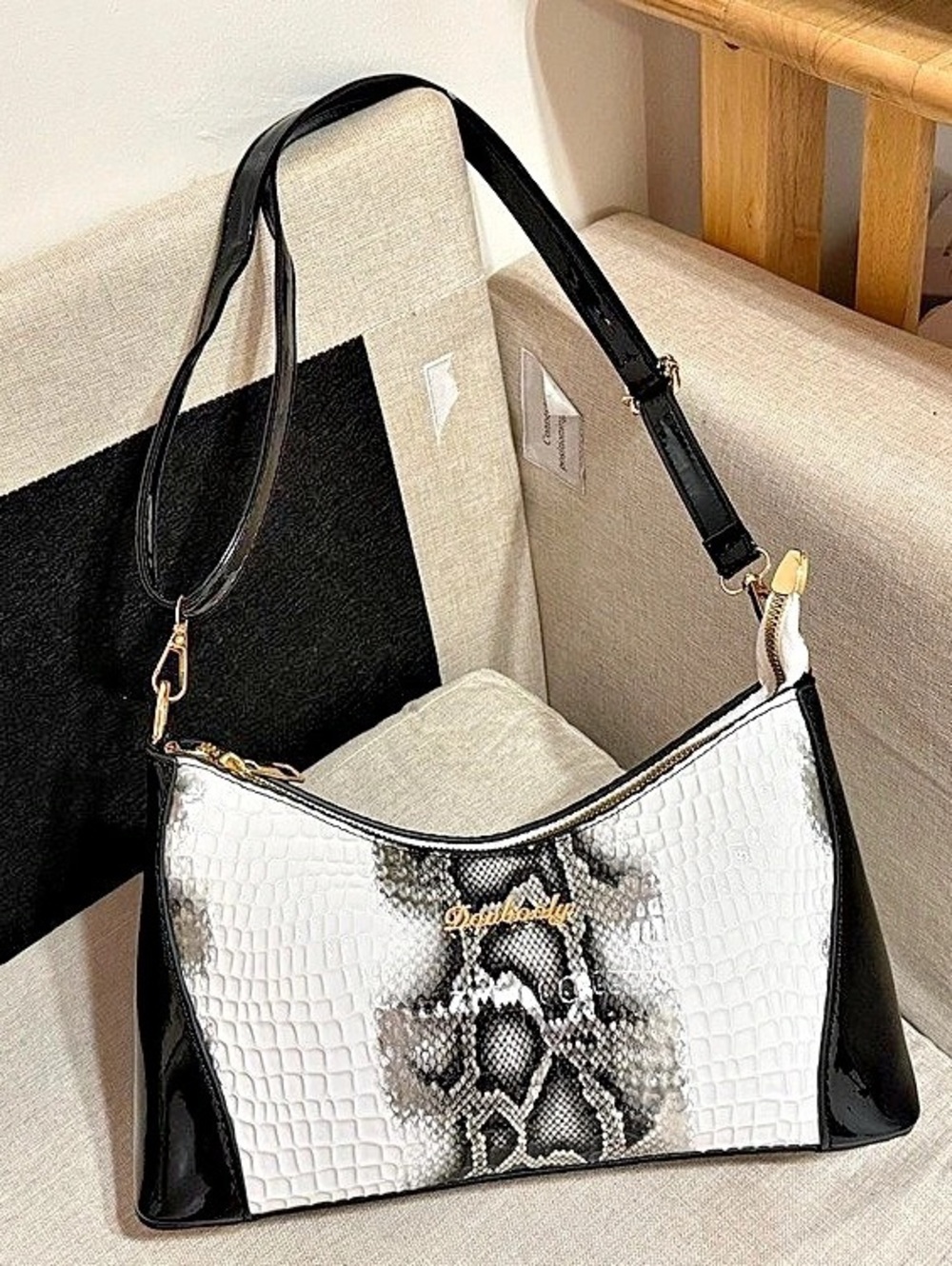 Snake Print Shoulder Bag in White & Black Like New